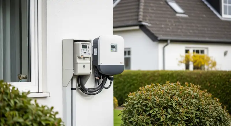 Modern German electrical meter cabinet (Zählerschrank) with smart meter and solar inverter connection, clean technical installation