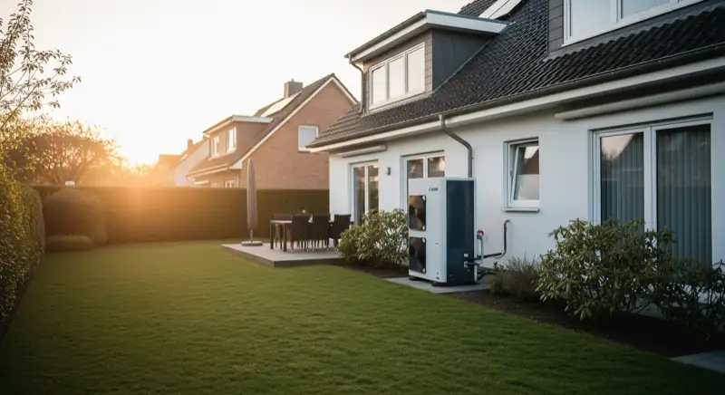 Typisches Einfamilienhaus in Emden mit moderner Luft-Wasser-Wärmepumpen-Außeneinheit im Garten