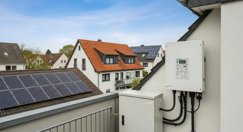 Modern German electrical meter cabinet (Zählerschrank) with smart meter and solar inverter connection, clean technical installation
