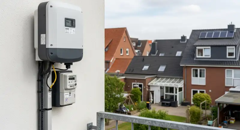 Modern German electrical meter cabinet (Zählerschrank) with smart meter and solar inverter connection, clean technical installation