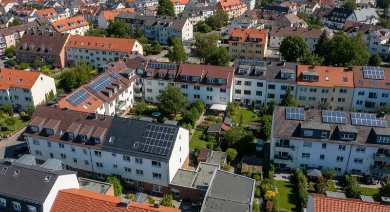 Aerial drone view of typical German residential neighborhood with mixed roof types, red and dark roof tiles, gardens visible, sunny day