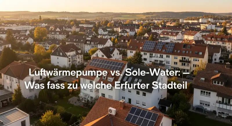 Aerial drone view of typical German residential neighborhood with mixed roof types, red and dark roof tiles, gardens visible, sunny day