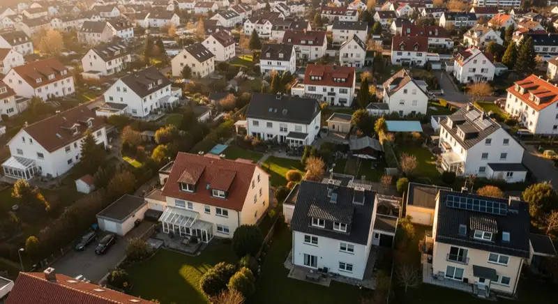 Aerial drone view of typical German residential neighborhood with mixed roof types, red and dark roof tiles, gardens visible, sunny day