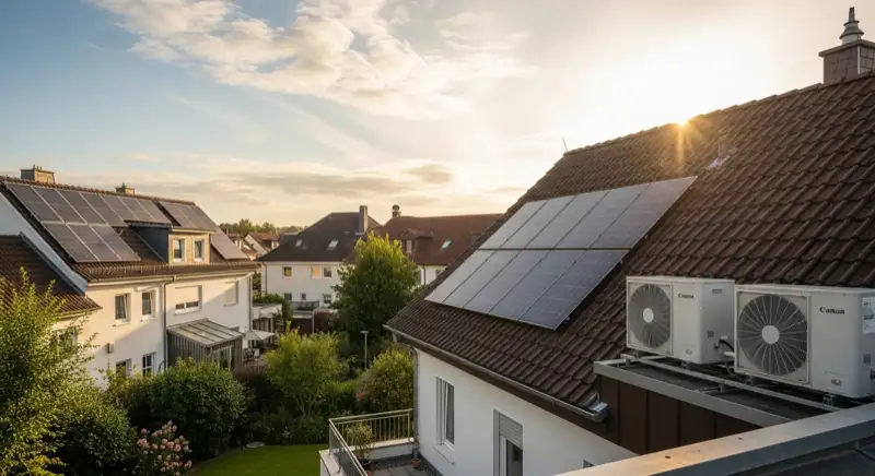 Wärmepumpen-Außengerät vor typischem Erfurter Einfamilienhaus mit gepflegtem Vorgarten