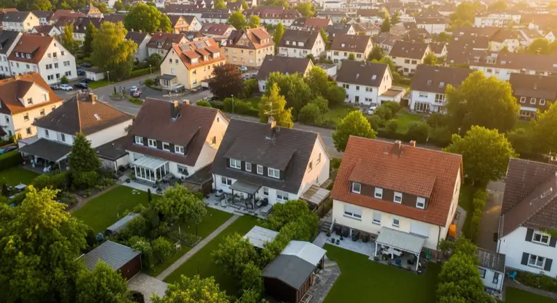 Aerial drone view of typical German residential neighborhood with mixed roof types, red and dark roof tiles, gardens visible, sunny day