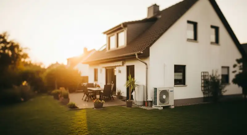 Einfamilienhaus in Erkelenz mit moderner Wärmepumpen-Außeneinheit im Garten