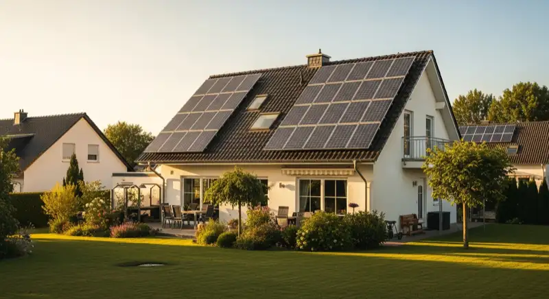 German detached house (Einfamilienhaus) with photovoltaic panels on pitched roof, well-maintained garden, warm afternoon sunlight