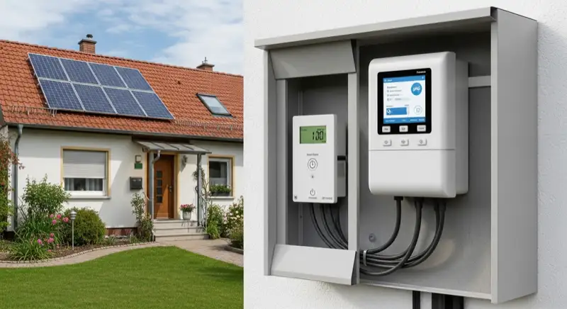 Modern German electrical meter cabinet (Zählerschrank) with smart meter and solar inverter connection, clean technical installation