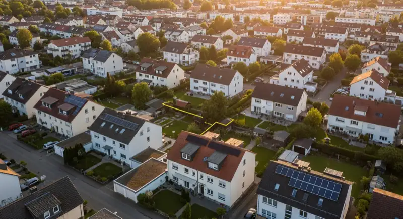 Aerial drone view of typical German residential neighborhood with mixed roof types, red and dark roof tiles, gardens visible, sunny day