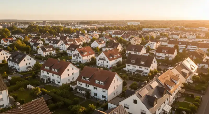 Aerial drone view of typical German residential neighborhood with mixed roof types, red and dark roof tiles, gardens visible, sunny day