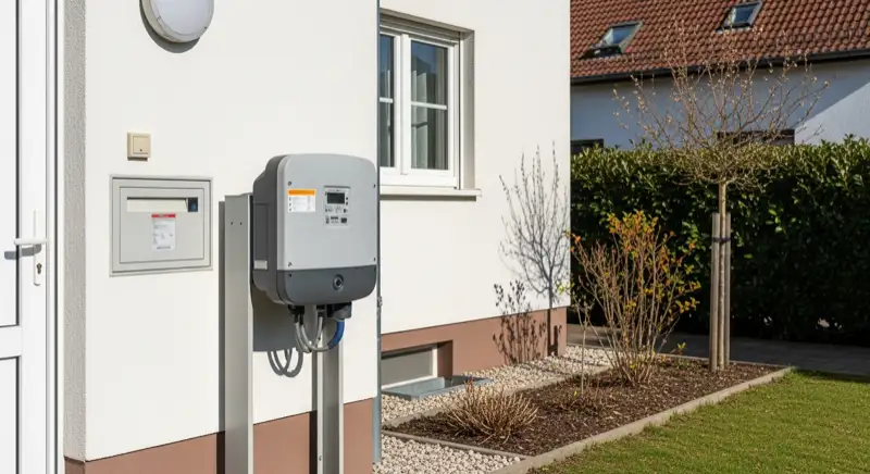 Modern German electrical meter cabinet (Zählerschrank) with smart meter and solar inverter connection, clean technical installation