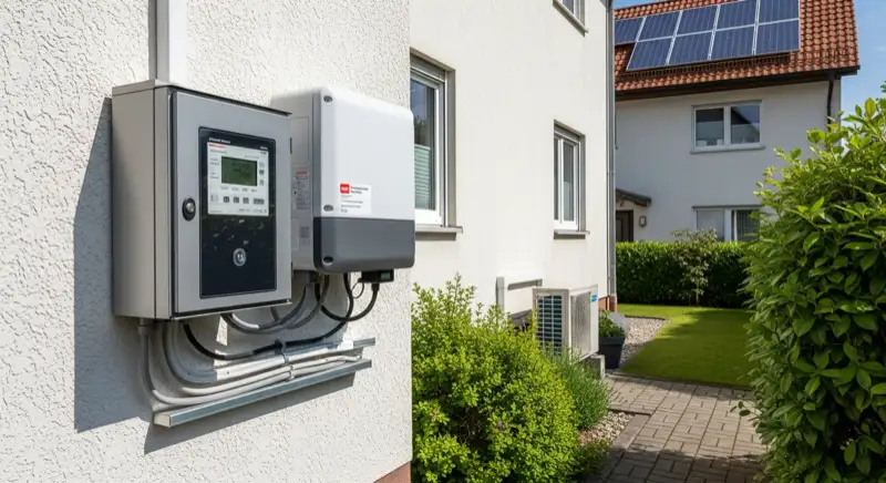 Modern German electrical meter cabinet (Zählerschrank) with smart meter and solar inverter connection, clean technical installation