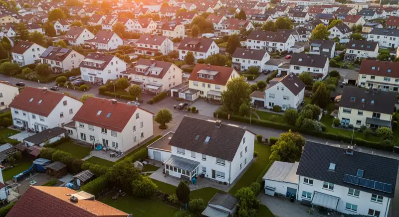 Aerial drone view of typical German residential neighborhood with mixed roof types, red and dark roof tiles, gardens visible, sunny day