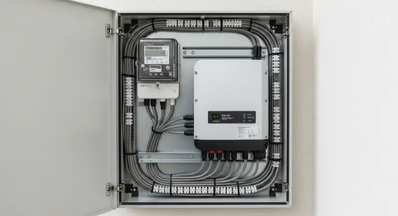Modern German electrical meter cabinet (Zählerschrank) with smart meter and solar inverter connection, clean technical installation