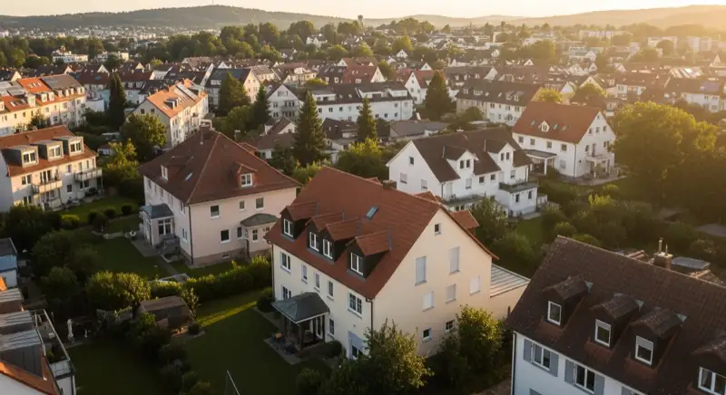 Aerial drone view of typical German residential neighborhood with mixed roof types, red and dark roof tiles, gardens visible, sunny day