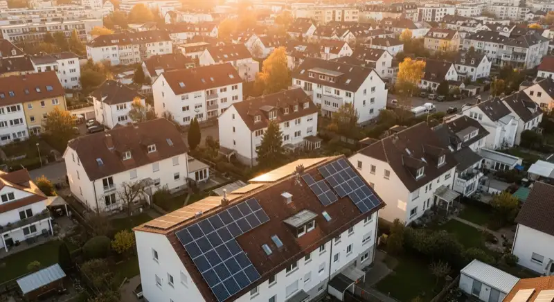 Aerial drone view of typical German residential neighborhood with mixed roof types, red and dark roof tiles, gardens visible, sunny day