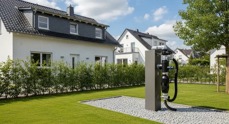 Moderne Luft-Wasser-Wärmepumpe vor einem Einfamilienhaus in einem Erlanger Neubaugebiet mit gepflegtem Garten