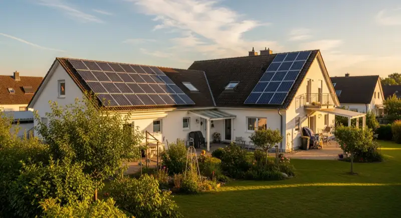 German detached house (Einfamilienhaus) with photovoltaic panels on pitched roof, well-maintained garden, warm afternoon sunlight