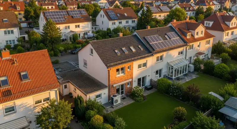Aerial drone view of typical German residential neighborhood with mixed roof types, red and dark roof tiles, gardens visible, sunny day