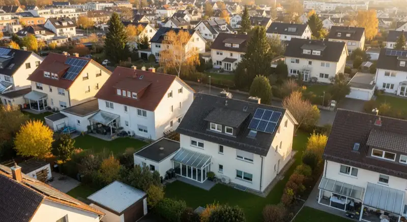 Aerial drone view of typical German residential neighborhood with mixed roof types, red and dark roof tiles, gardens visible, sunny day