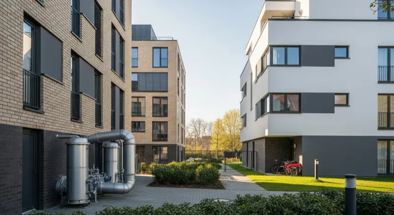 Einfamilienhaus mit Wärmepumpe im Garten in Essener Wohngebiet im Ruhrgebiet