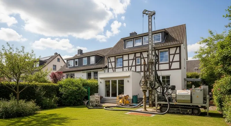 Luft-Wasser-Wärmepumpe vor Backsteinhaus in Essen
