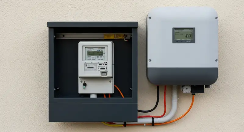 Modern German electrical meter cabinet (Zählerschrank) with smart meter and solar inverter connection, clean technical installation