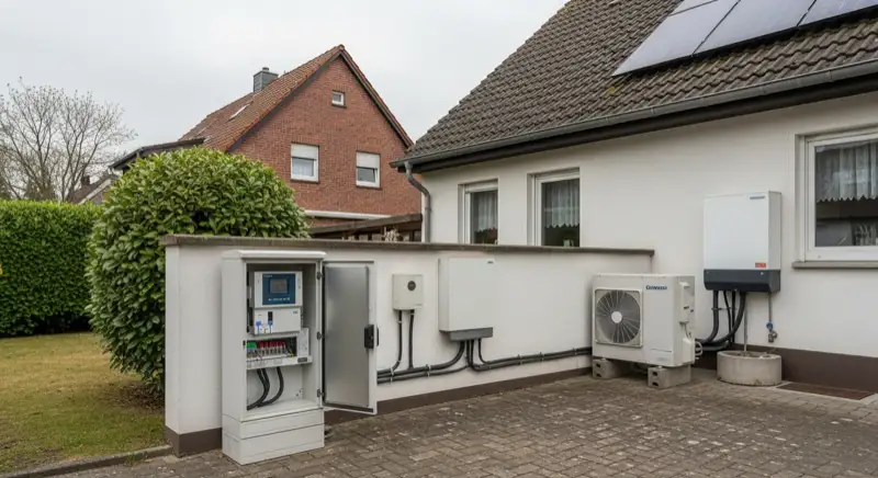 Modern German electrical meter cabinet (Zählerschrank) with smart meter and solar inverter connection, clean technical installation