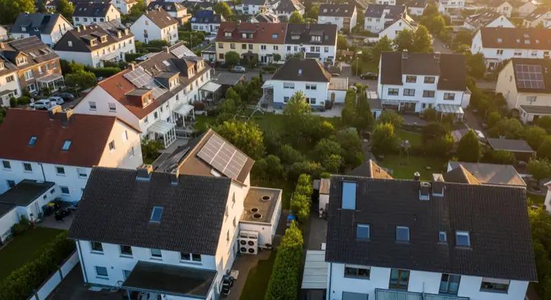Aerial drone view of typical German residential neighborhood with mixed roof types, red and dark roof tiles, gardens visible, sunny day