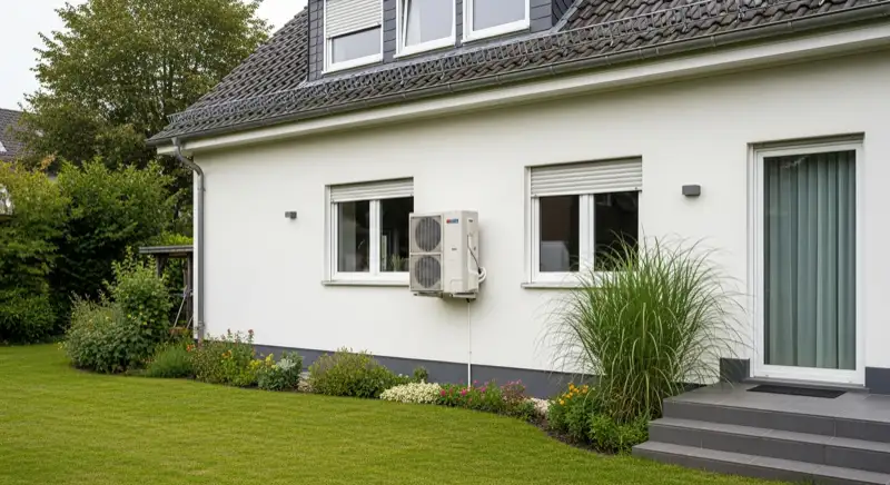 Zertifizierter Wärmepumpen-Installateur montiert Außeneinheit vor Essener Einfamilienhaus
