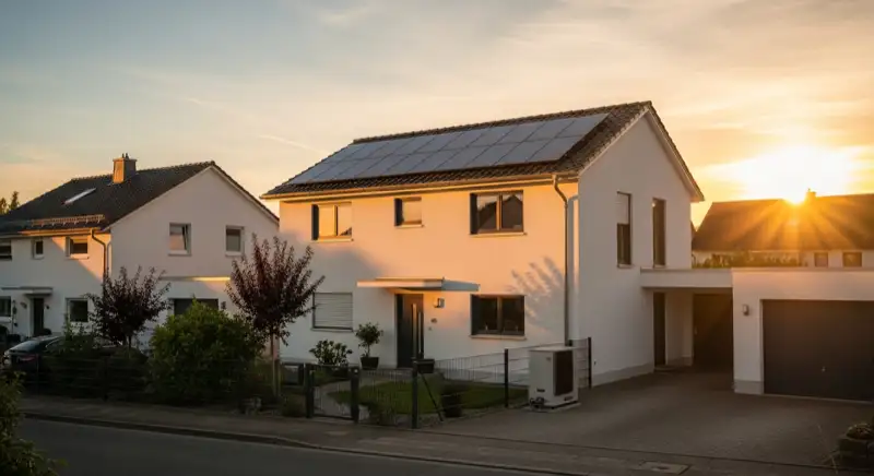 Modernes Einfamilienhaus in Essen mit Photovoltaikanlage auf dem Dach und Luft-Wärmepumpe im Garten