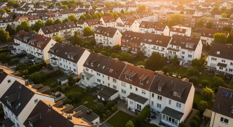 Aerial drone view of typical German residential neighborhood with mixed roof types, red and dark roof tiles, gardens visible, sunny day