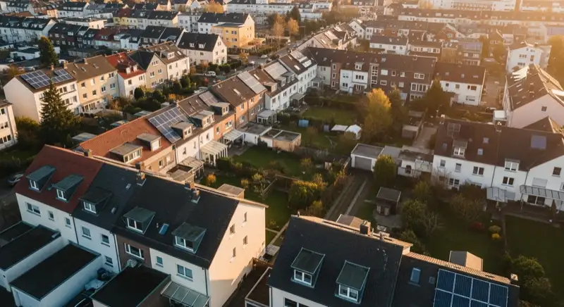 Aerial drone view of typical German residential neighborhood with mixed roof types, red and dark roof tiles, gardens visible, sunny day