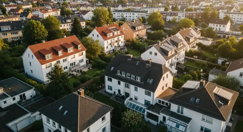 Aerial drone view of typical German residential neighborhood with mixed roof types, red and dark roof tiles, gardens visible, sunny day