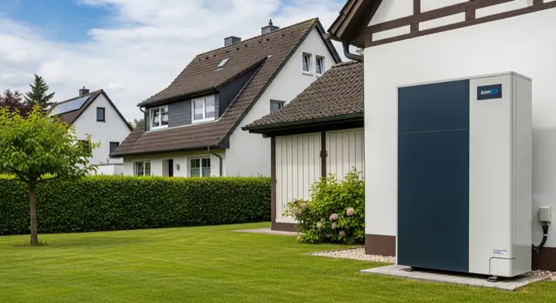 Moderne Luft-Wärmepumpe vor typischem Essener Einfamilienhaus im Grünen