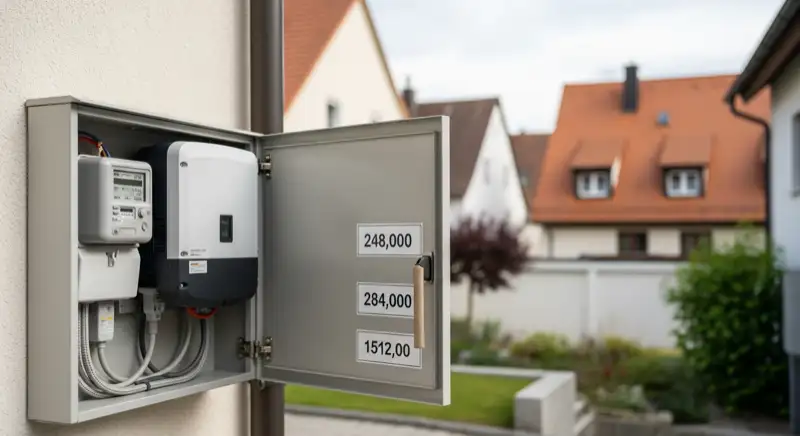 Modern German electrical meter cabinet (Zählerschrank) with smart meter and solar inverter connection, clean technical installation