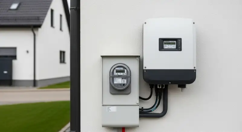 Modern German electrical meter cabinet (Zählerschrank) with smart meter and solar inverter connection, clean technical installation