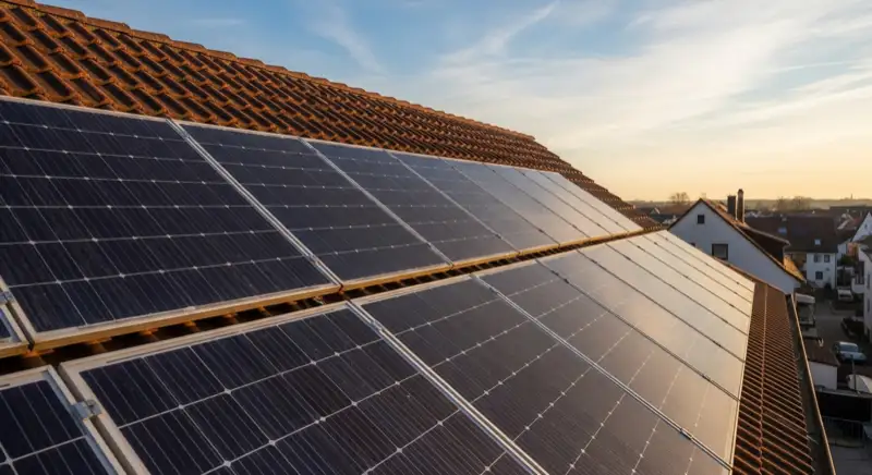 Close-up of photovoltaic solar panels installed on a traditional German Satteldach (gabled roof), blue sky with some clouds