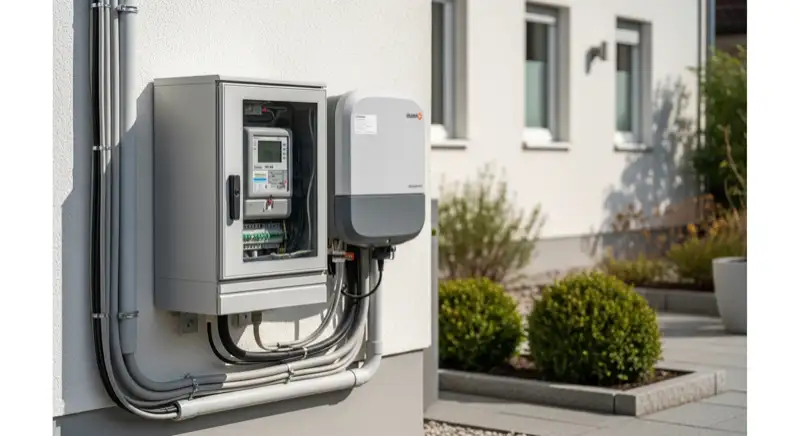 Modern German electrical meter cabinet (Zählerschrank) with smart meter and solar inverter connection, clean technical installation