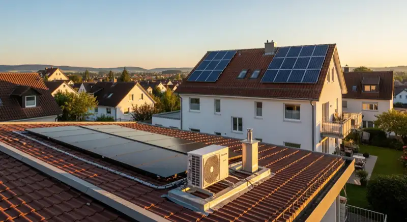 Einfamilienhaus in Ettlingen mit Wärmepumpen-Außengerät im ruhigen Vorgarten
