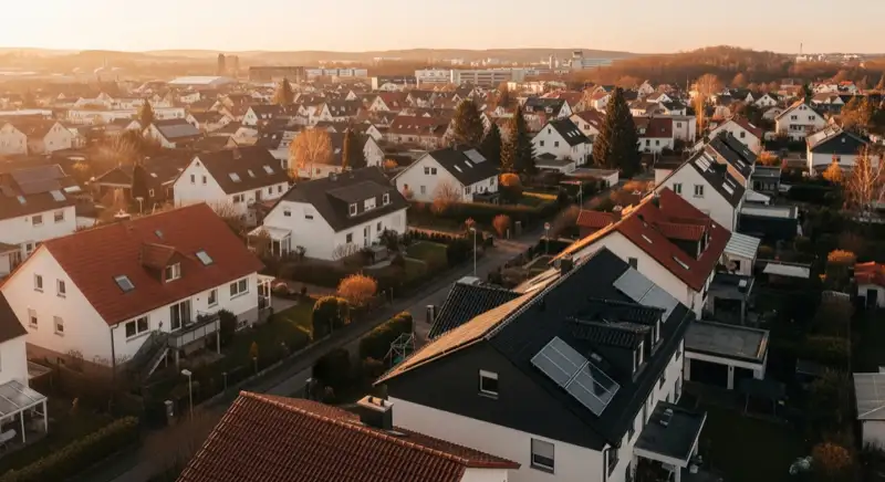 Aerial drone view of typical German residential neighborhood with mixed roof types, red and dark roof tiles, gardens visible, sunny day