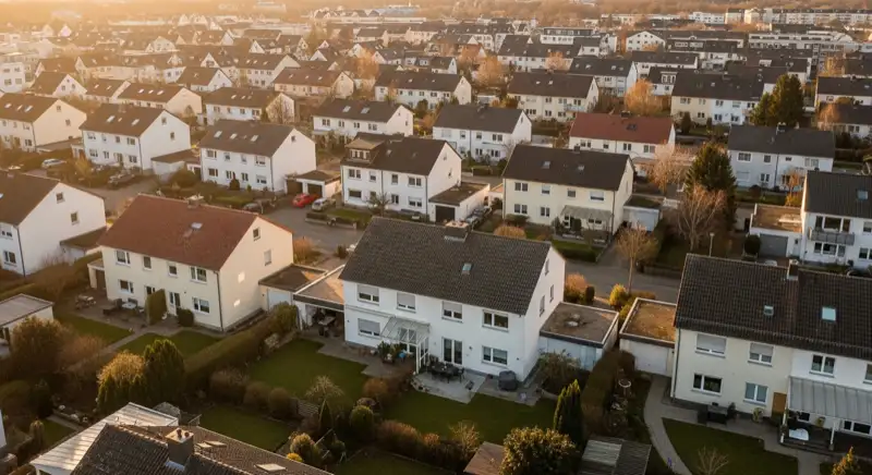 Aerial drone view of typical German residential neighborhood with mixed roof types, red and dark roof tiles, gardens visible, sunny day