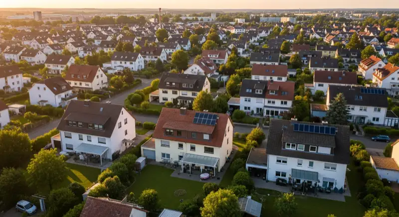 Aerial drone view of typical German residential neighborhood with mixed roof types, red and dark roof tiles, gardens visible, sunny day