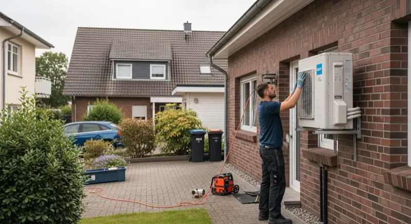 Qualifizierter Wärmepumpen-Installateur montiert Außengerät in Euskirchen
