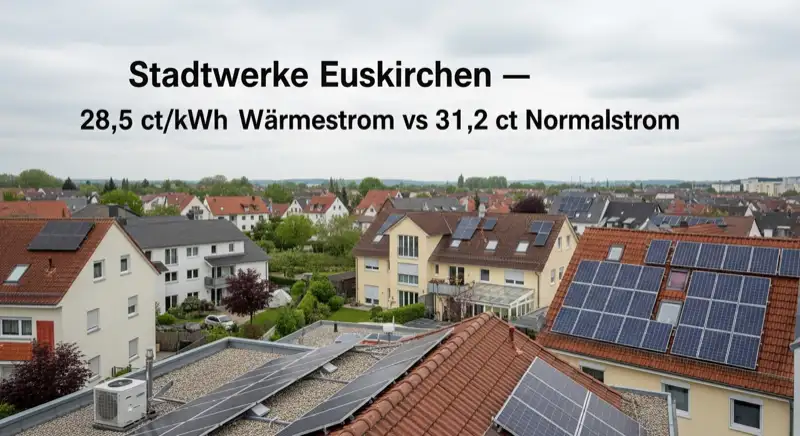 Aerial drone view of typical German residential neighborhood with mixed roof types, red and dark roof tiles, gardens visible, sunny day