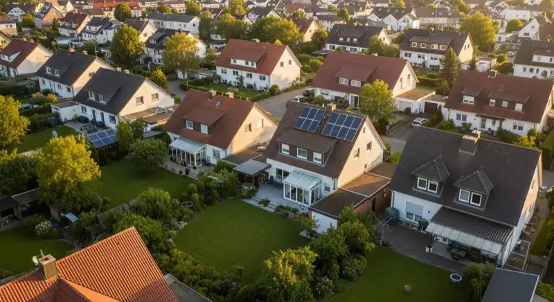 Aerial drone view of typical German residential neighborhood with mixed roof types, red and dark roof tiles, gardens visible, sunny day
