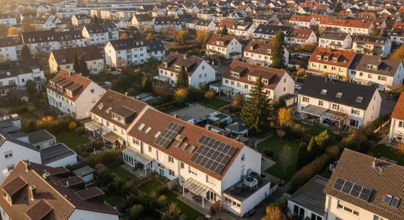 Aerial drone view of typical German residential neighborhood with mixed roof types, red and dark roof tiles, gardens visible, sunny day