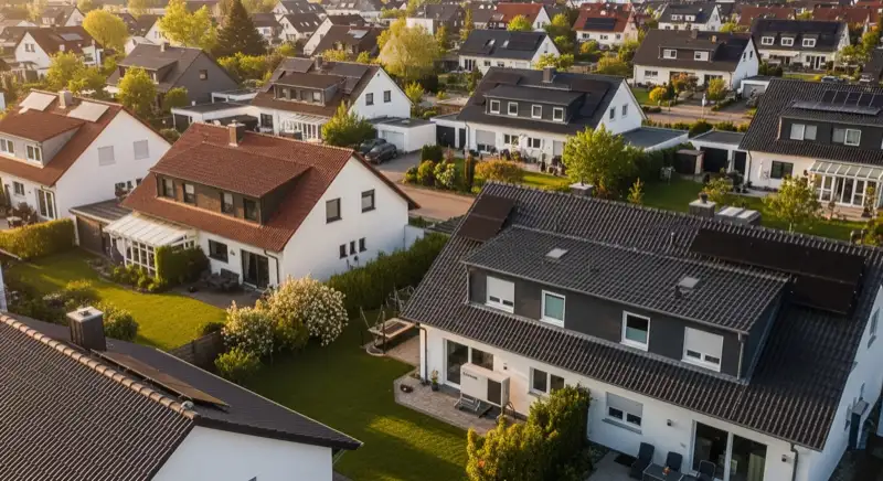 Aerial drone view of typical German residential neighborhood with mixed roof types, red and dark roof tiles, gardens visible, sunny day