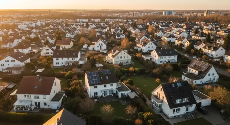 Aerial drone view of typical German residential neighborhood with mixed roof types, red and dark roof tiles, gardens visible, sunny day