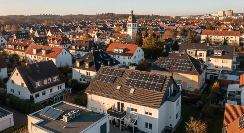 Aerial drone view of typical German residential neighborhood with mixed roof types, red and dark roof tiles, gardens visible, sunny day